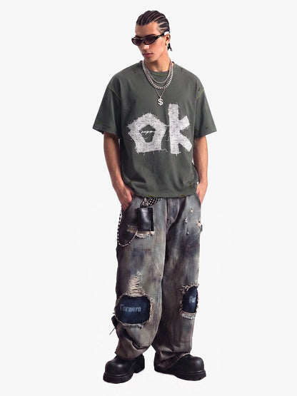 "OK" Patch Color-Block Ripped Reversible T-Shirt