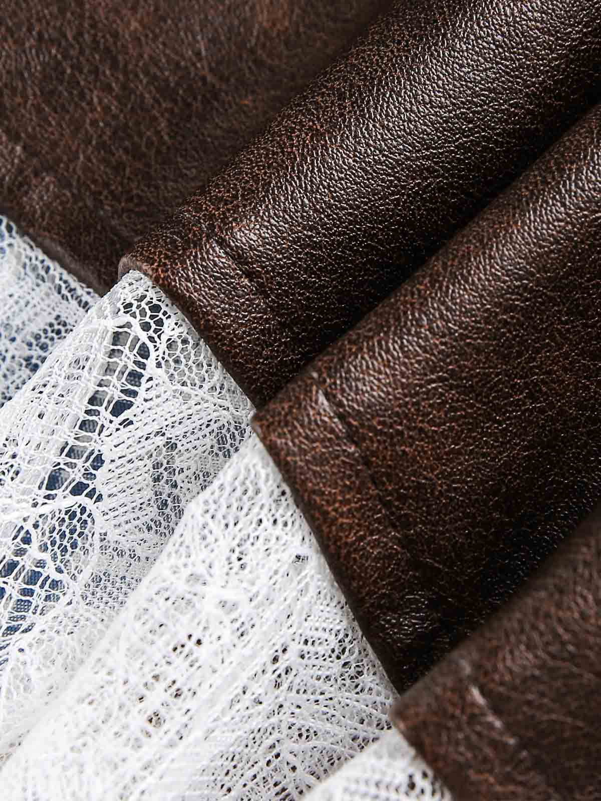 Thesupermade Faux Leather Irregular Lace Plaid Patchwork Skirt
