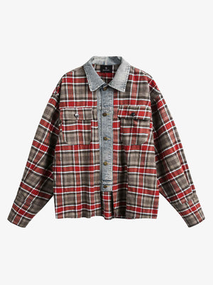Vintage Plaid Patchwork Denim Panel Shirt 