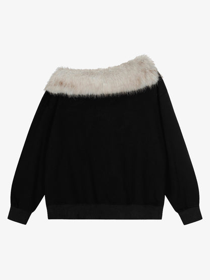 Off-Shoulder Fur Collar '98' Graphic Sweatshirt