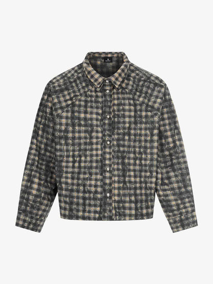Vintage Washed Plaid Cropped Shirt Jacket 