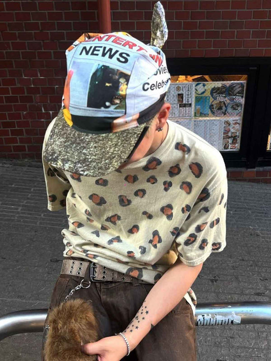Newspaper Print Lace-Up Brim Cap