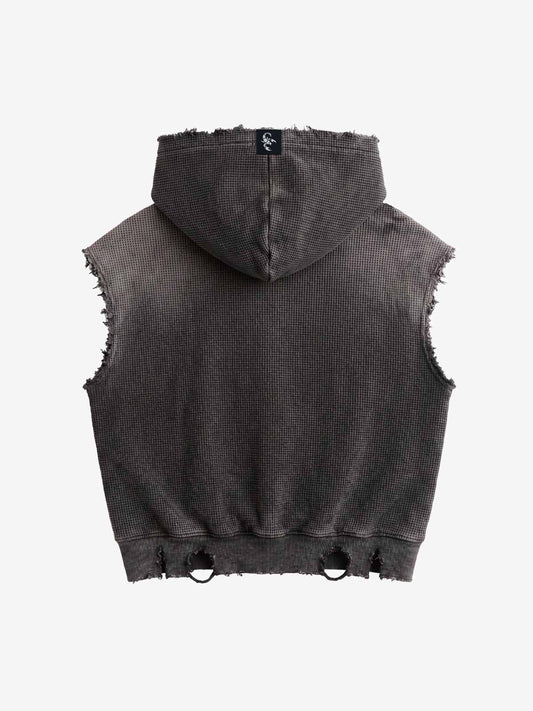 Distressed Multi-Label Graphic Sleeveless Zip Hoodie