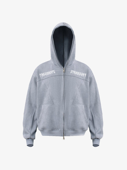 Vintage Suede Letter Embroidered Cropped Zip Up Hoodie 