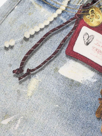 Tie Graphic Print Vintage Wash Wide Leg Denim Jeans 