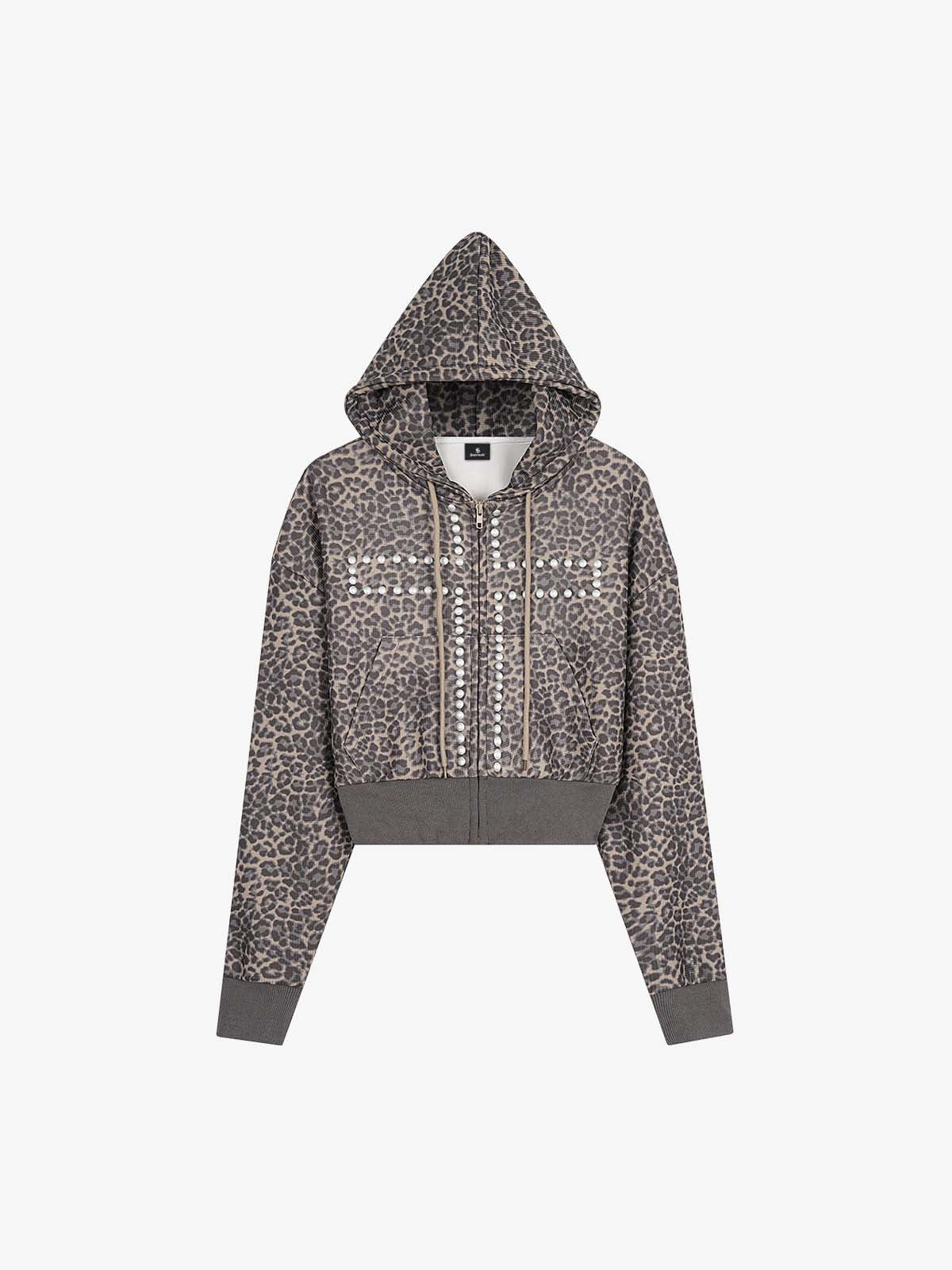 Leopard Print Stud Detail Cropped Zip-Up Hoodie
