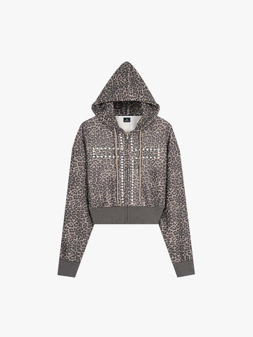 Leopard Print Stud Detail Cropped Zip-Up Hoodie