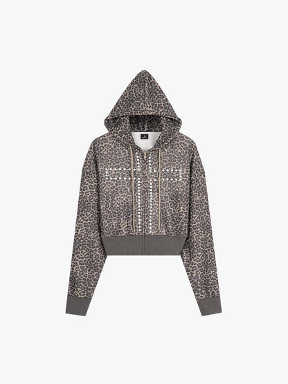 Leopard Print Stud Detail Cropped Zip-Up Hoodie