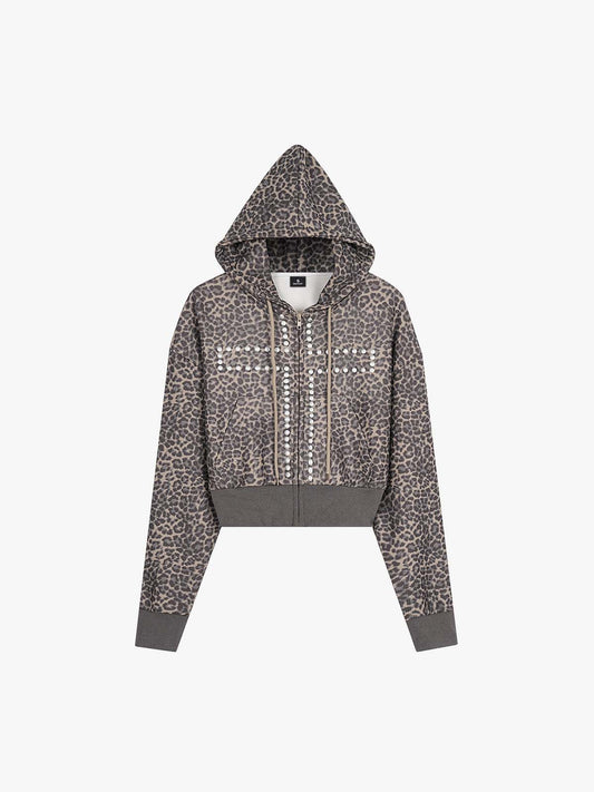 Leopard Print Stud Detail Cropped Zip-Up Hoodie