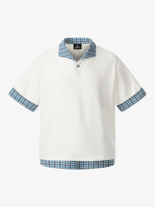 Pique Cotton Polo Shirt with Plaid Contrast Collar & Cuffs