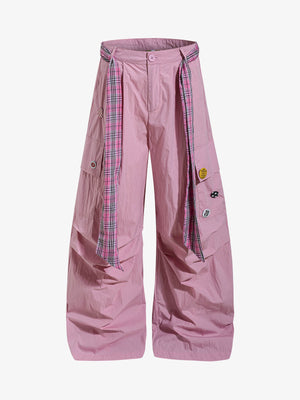 Plaid Straps Badge Cargo Pants