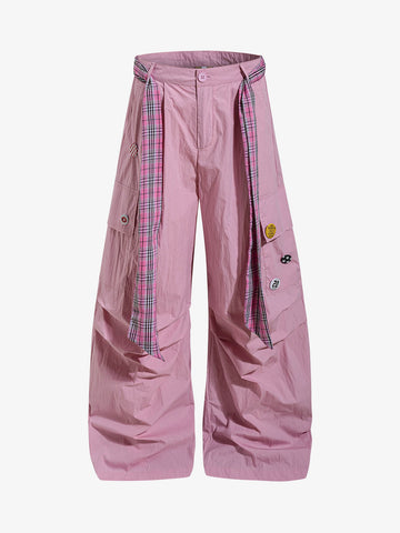 Plaid Straps Badge Cargo Pants