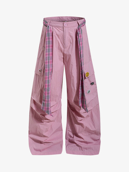 Plaid Straps Badge Cargo Pants