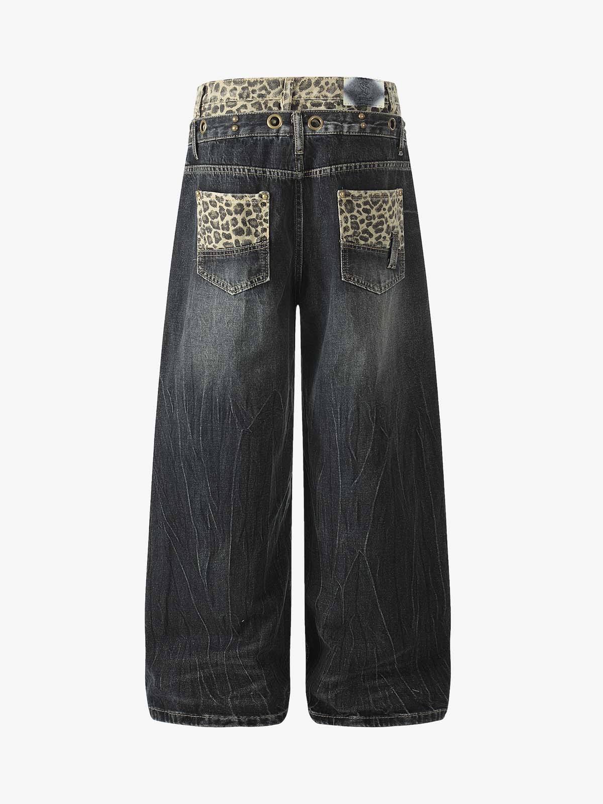 Y2K Double Waistband Leopard Print Wide Leg Jeans 