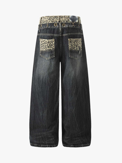 Y2K Double Waistband Leopard Print Wide Leg Jeans 