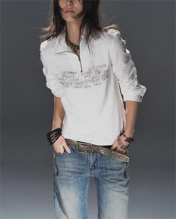 Logo Epaulette Stand Collar Long Sleeves Tee