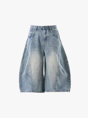 Curved Silhouette 3D Paneled Denim Shorts 