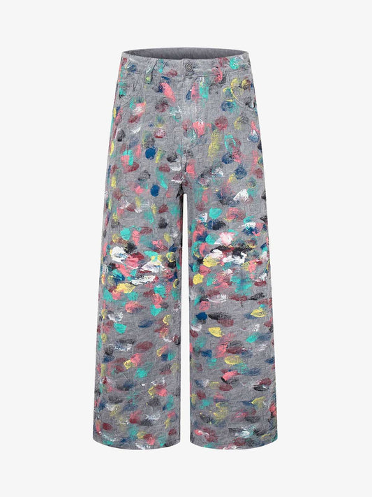Hand-Painted Frayed Wide Leg Jeans 