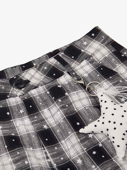 Star Print Plaid Shirt with Tulle Trim – Relaxed Fit Layered Streetwear