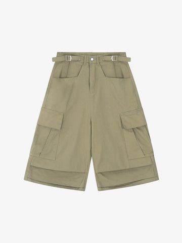 Urban Techwear Side Buckle Layered Hem Cargo Shorts