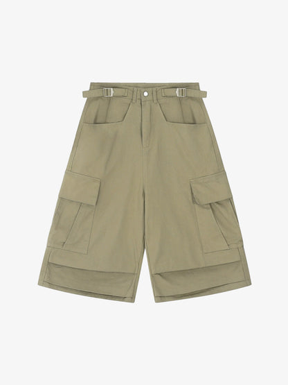 Urban Techwear Side Buckle Layered Hem Cargo Shorts
