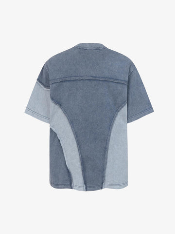 Washed Asymmetric Raw Edge Panel Knit T-Shirt 