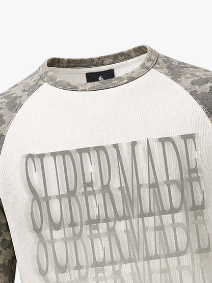 Waffle Knit Camo Raglan T-Shirt with Graphic Print