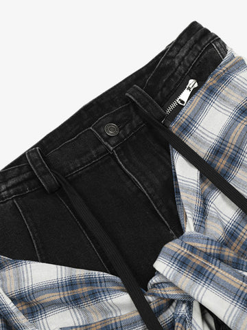 Denim Faux Two-piece Plaid Detachable Scimitar Jeans - 2435 