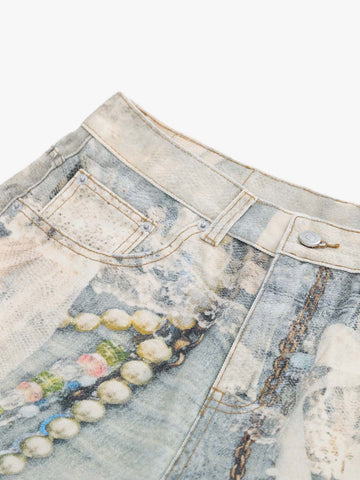 Jewelry Pearl Graphic Print 3D Effect Denim Shorts 