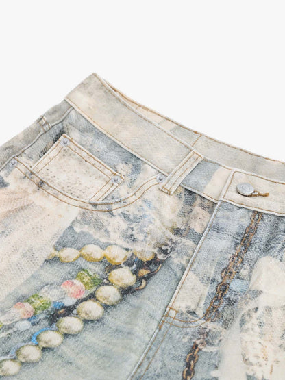 Jewelry Pearl Graphic Print 3D Effect Denim Shorts 