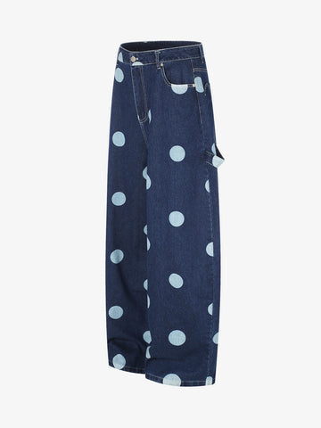 Polka Dot Heart Applique Pocket Baggy Jeans
