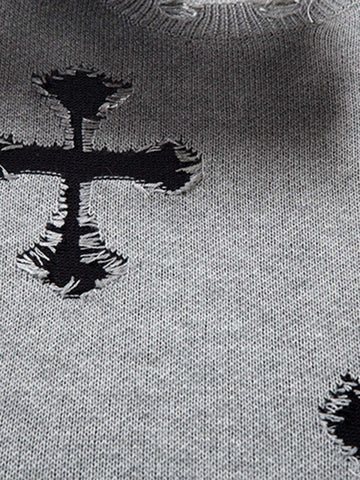 Vintage Spray-Painted Cross Hole Knit Sweater 
