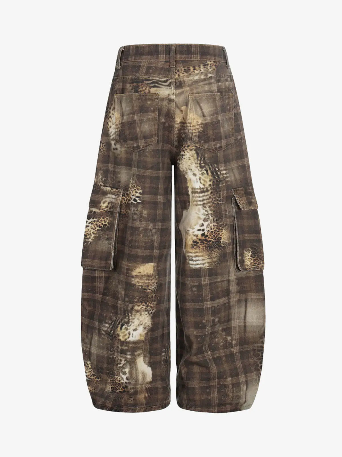 Plaid Leopard Print Cargo Barrel Jeans 