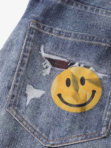 Washed Graffiti Patchwork Print Jeans 