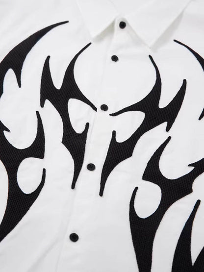 Cotton Blend Short Sleeve Shirt with Black Flame Print Long Sleeve Insert, Stylish Contrast Design for Men and Women 