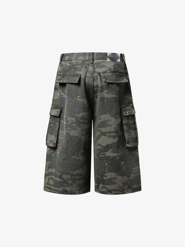 Camo Cargo Shorts with Paint Splatter – Relaxed Fit Utility Streetwear