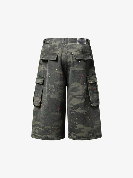 Camo Cargo Shorts with Paint Splatter