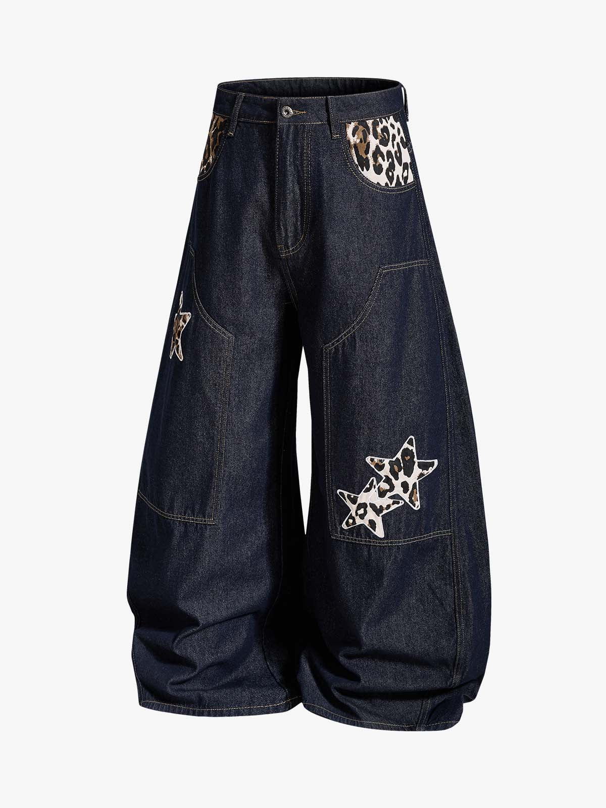 Thesupermade Raw Denim Star Leopard Patch Embroidery Baggy Jeans