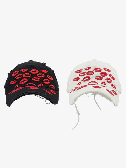 Red Lip Embroidery Distressed Baseball Cap 