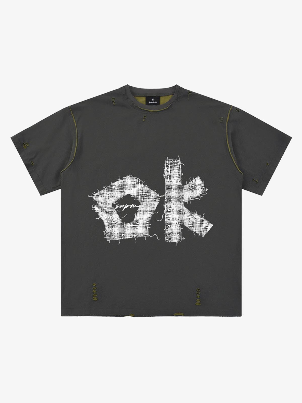 "OK" Patch Color-Block Ripped Reversible T-Shirt