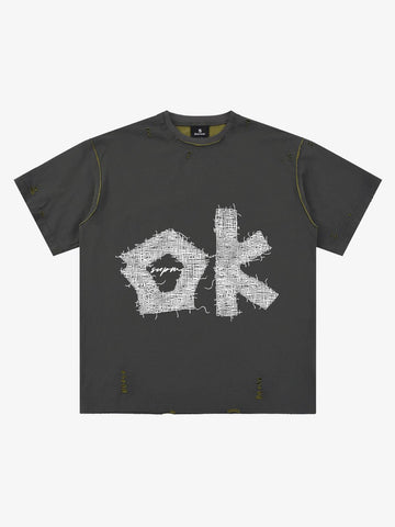 "OK" Patch Color-Block Ripped Reversible T-Shirt