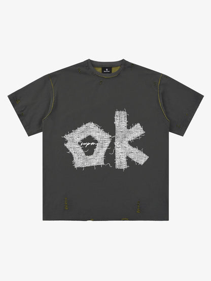 "OK" Patch Color-Block Ripped Reversible T-Shirt