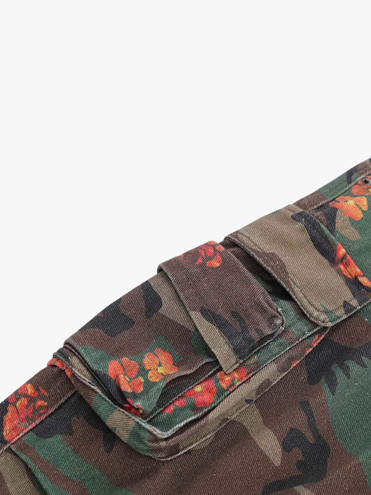 Vintage Floral Camo Multi-Pocket Cargo Shorts 