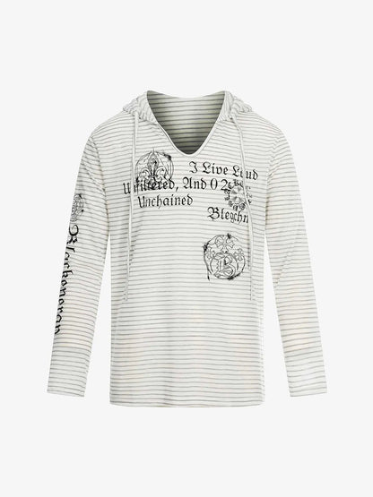 Graphic Print and V-Neck Striped Long Sleeve Hooded T-Shirt 