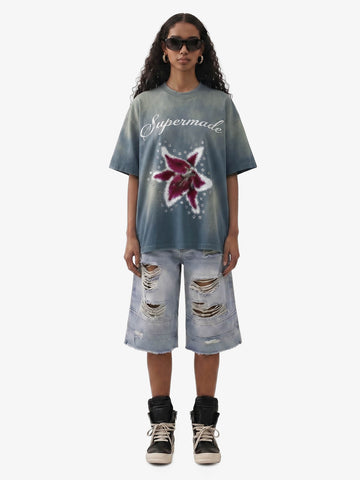 Washed Floral Star Print T-Shirt