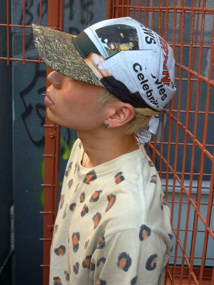 Newspaper Print Lace-Up Brim Cap