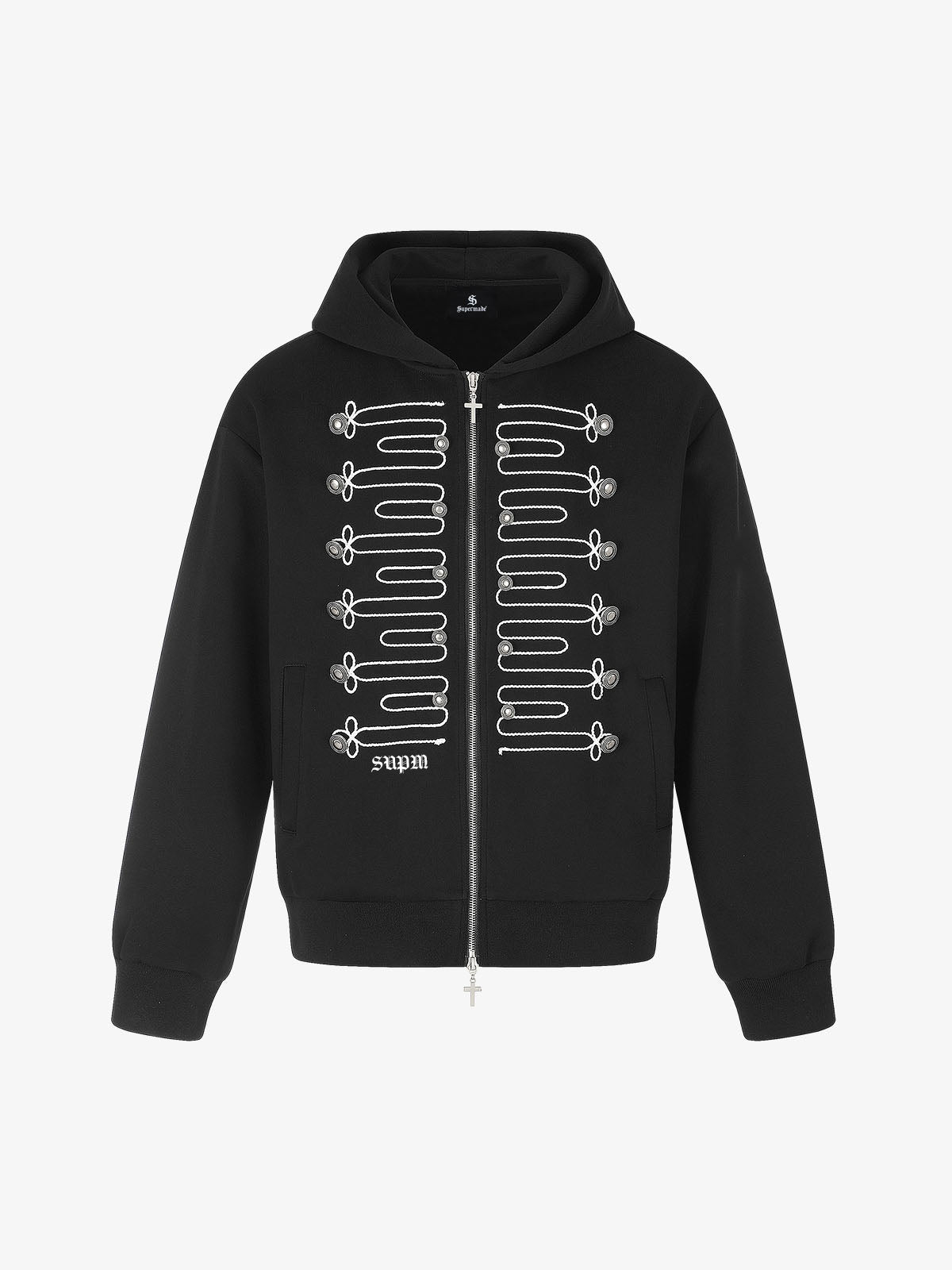 Thesupermade Military Button Embroidered Zip-Up Hoodie