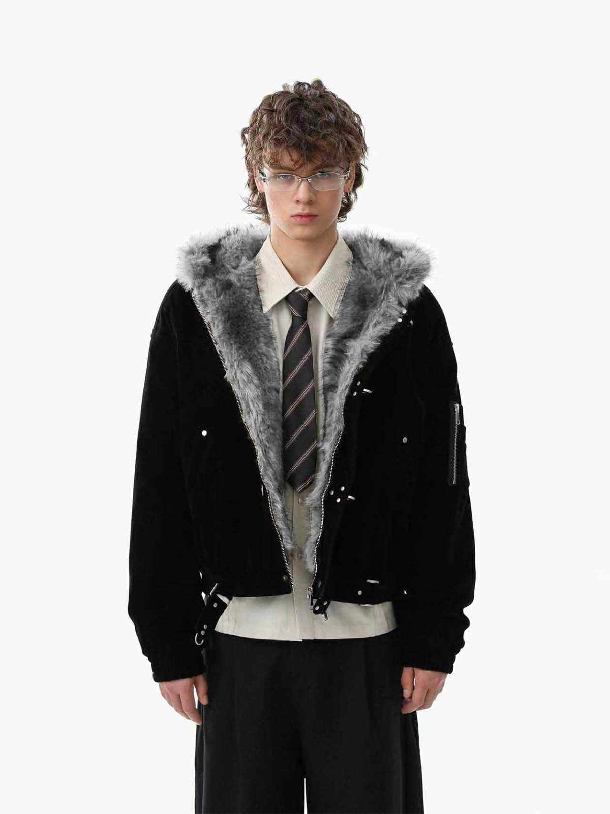 Streetwear Metal Clip Faux Fur Hooded Suede Bomber Jacket - 2597 