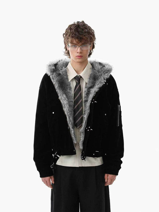 Streetwear Metal Clip Faux Fur Hooded Suede Bomber Jacket - 2597 