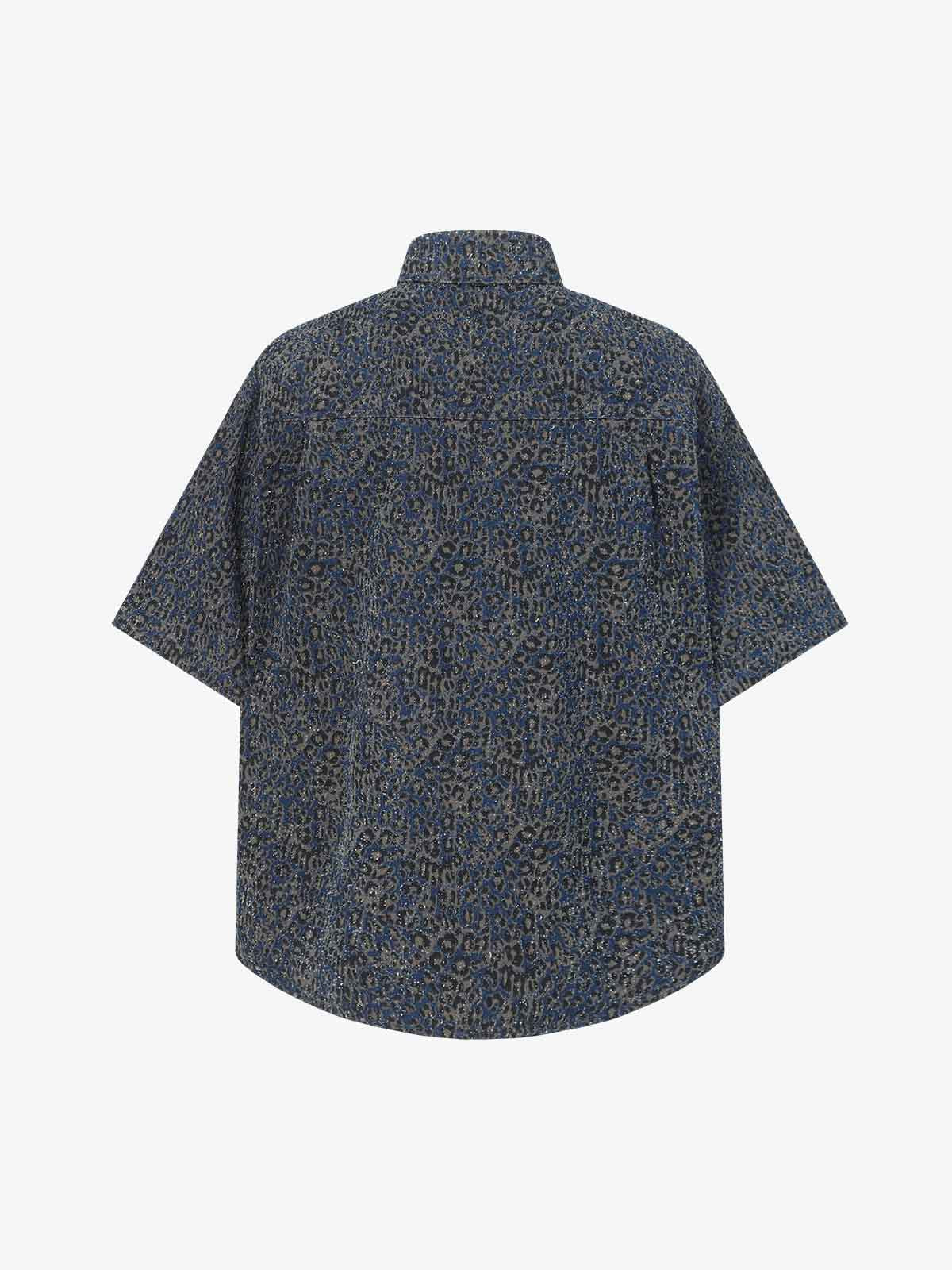 Vintage Leopard Print Washed Denim Short Sleeve Shirt 
